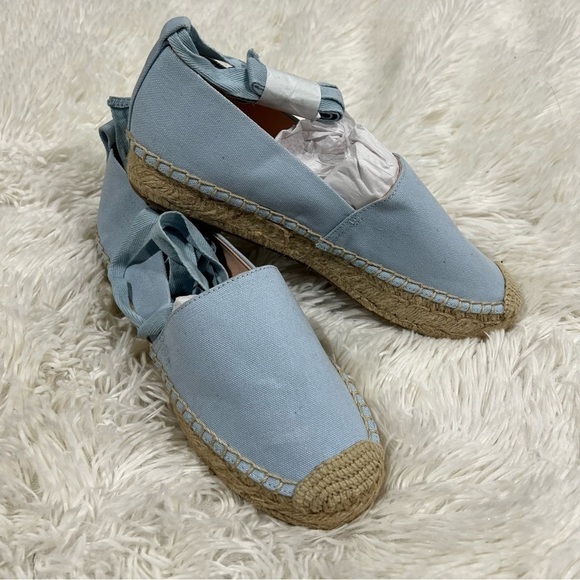 J CREW baby blue Canvas Espadrille Flats Size 7with removable ankle ribbon NEW - Picture 2 of 11